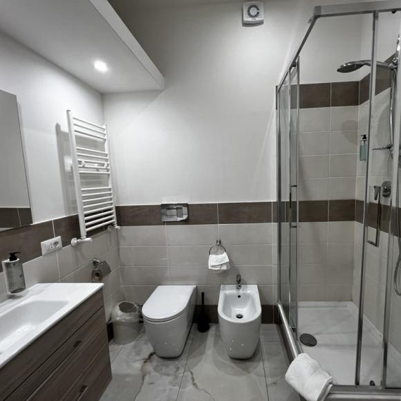 Modern, clean, bright bathroom with elegant shower and white fixtures.